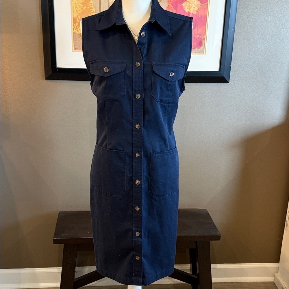 KAREN SCOTT Classic Minimalist Navy Sleeveless  Button-Up Shirt Dress Size 10